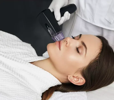 Brunette woman receiving radiofrequency lifting procedure for her face skin rejuvenation at aesthetic cosmetology clinic